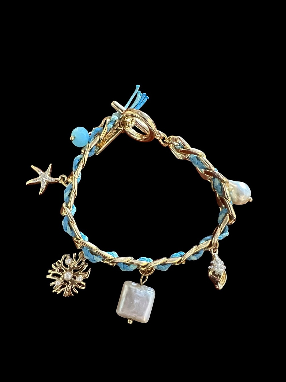 Adorable WHBM beach themed Gold and Turquoise Charm Bracelet with Pearls